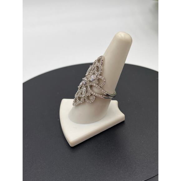 Designer Signed Sterling Silver 925 Filigree Marquise and Pave CZ Ring Sz 8.5 - Picture 3 of 11